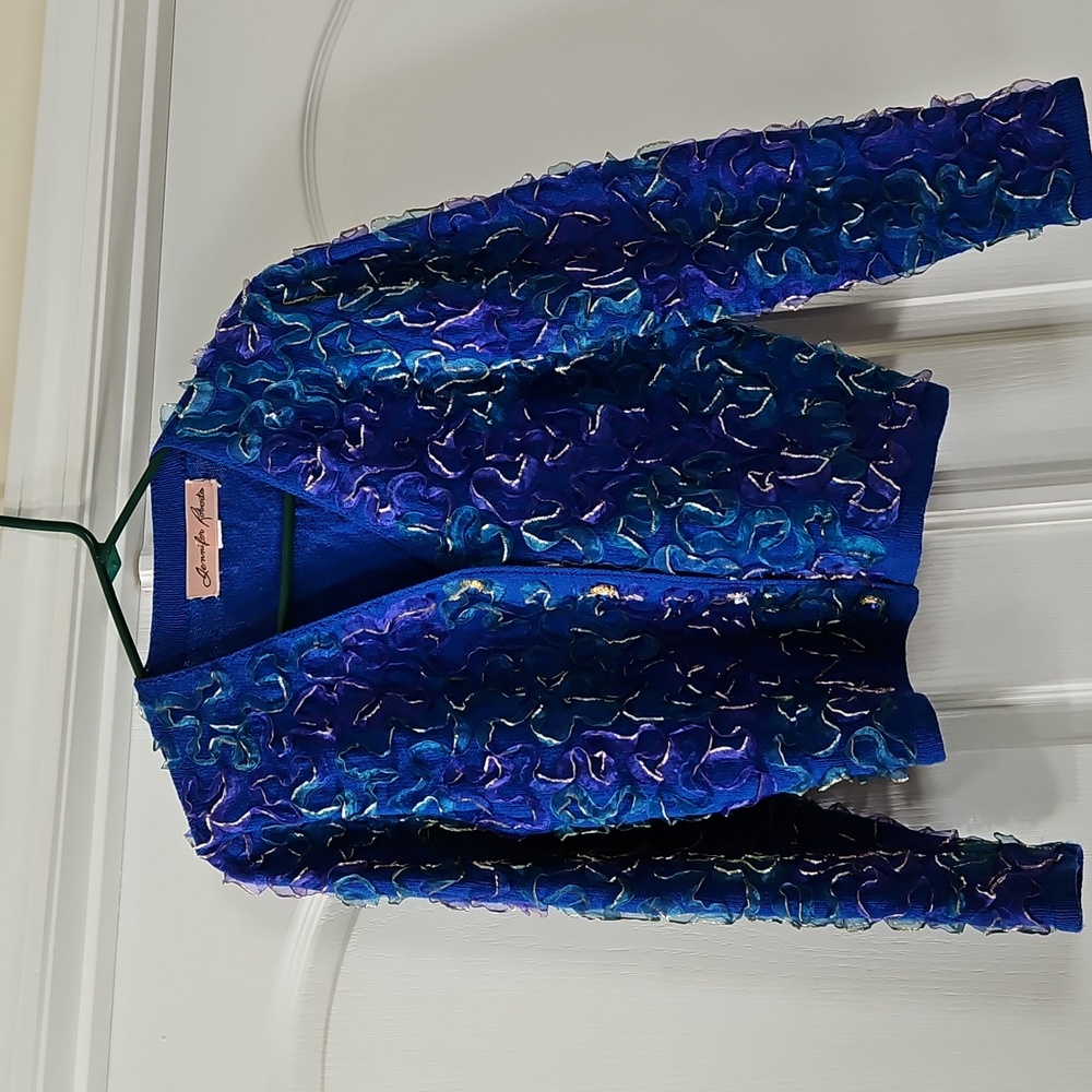 Jennifer Roberts Embellished Blue Purple Ribbon V neck Cardigan Sweater Size 8